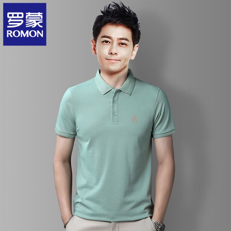 罗蒙夏季短袖polo衫男宽松中青年刺绣翻领休闲t恤纯色打底衫