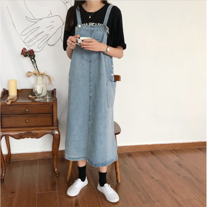 夏装女装韩版学院风口袋宽松百搭中长款牛仔背带裙连衣裙显瘦长裙 牛仔蓝 均码