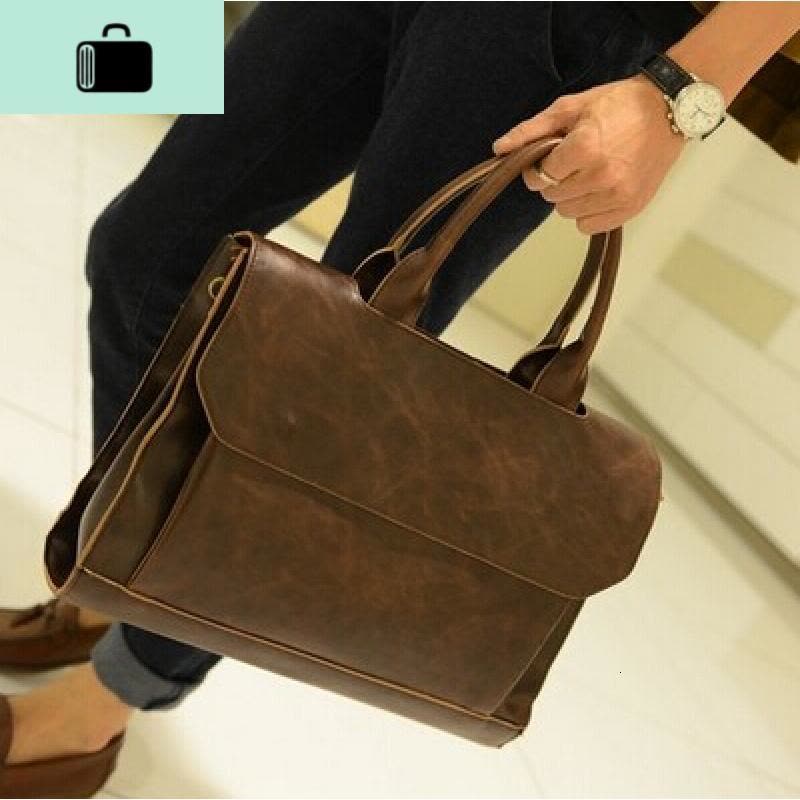 2020新款韩版男包疯马皮男士手提单肩包商务公文包斜跨电脑包NEW LAKE男士手提包图片