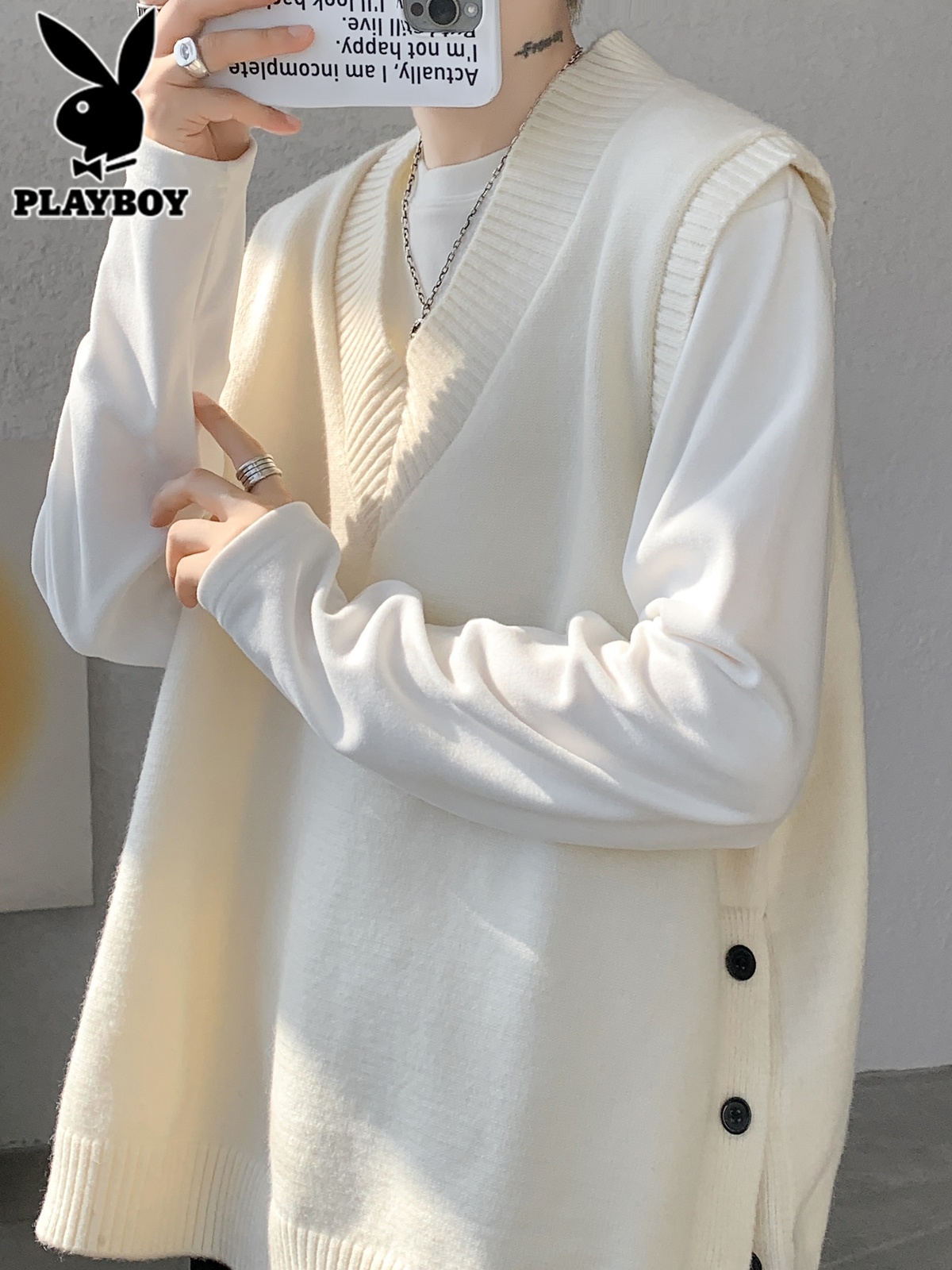 花花公子v领毛衣背心男士秋冬季潮牌青少年学院风内搭针织衫马背高清大图