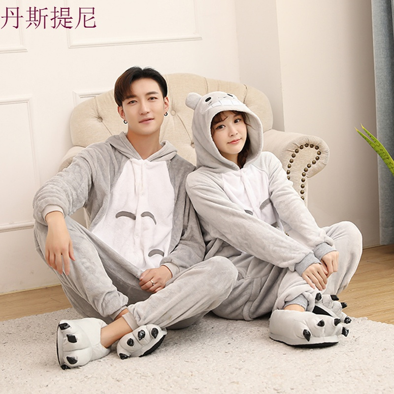 卡通法兰绒连体睡衣女秋冬季情侣可爱恐龙猫动物成人加厚家居服男