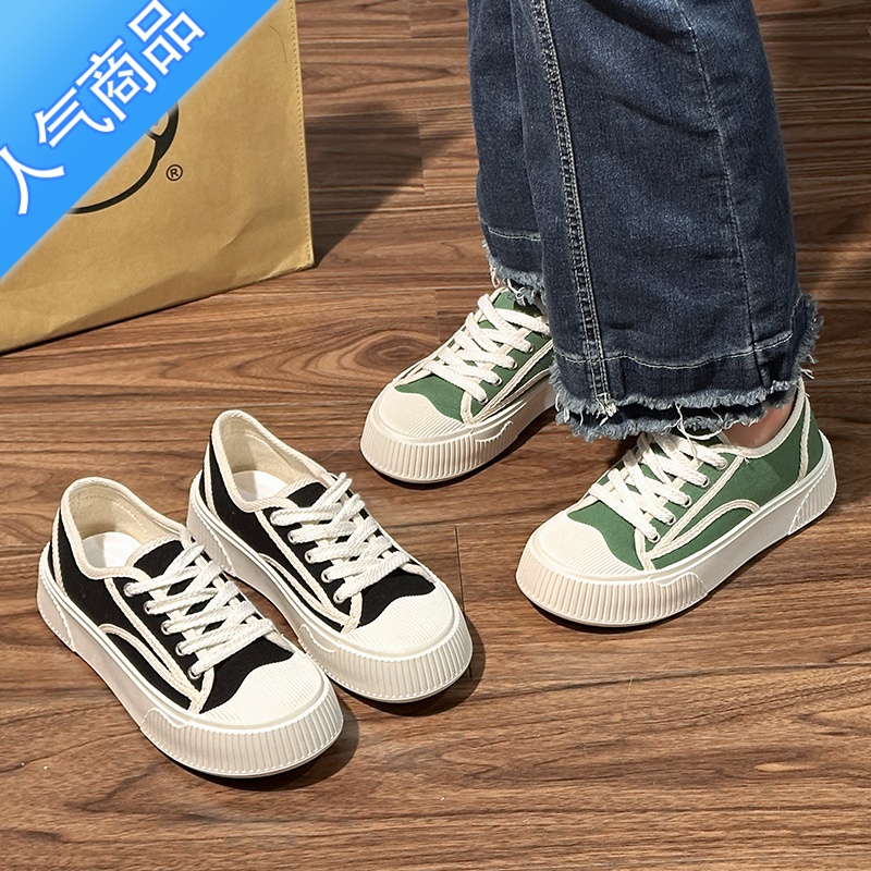 SUNTEK厚底小白帆布板鞋女春秋ins潮2023年新款小众百搭休闲运动0高清大图