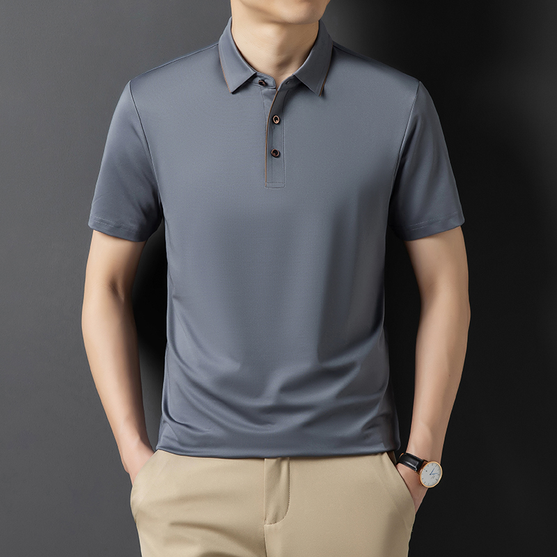 夏季商务男士翻领纯色桑蚕丝短袖t恤中年无痕男装冰丝半袖polo衫