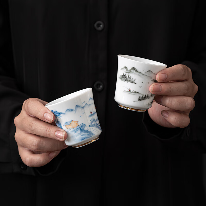 苏氏陶瓷/SUSHI CERAMICS J0688 功夫茶杯手绘描金山水画茶杯省级陶瓷艺术大师陈建瑞手工杯主人杯对杯国潮高清大图