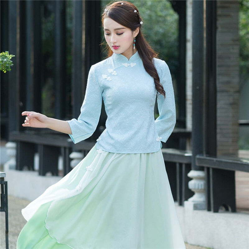 旗袍上衣改良时尚修身唐装复古中式女装七分袖汉服禅茶服春夏装jyl