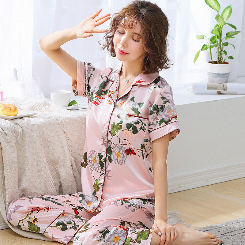 夏季短袖长裤睡衣女冰丝绸两件套装夏天大码薄款可外穿家居服 901 M