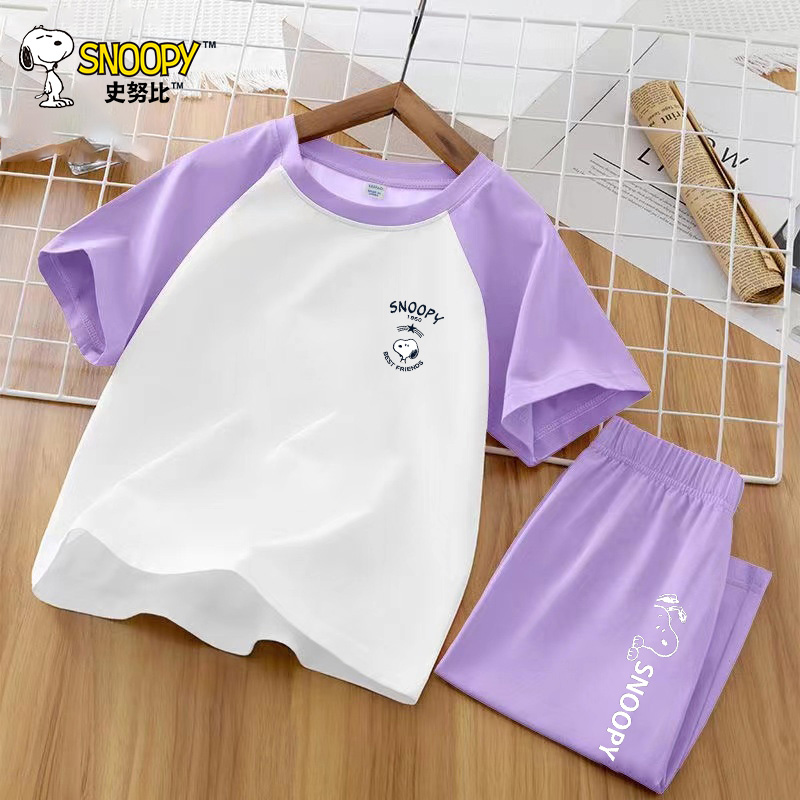 史努比(SNOOPY)儿童套装夏季薄款纯棉短袖女童空调服男孩睡衣休闲家居服套22TI01高清大图