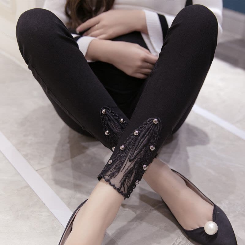 迪鲁奥（DILUAO)孕妇秋装2021新款孕妇钉珠裤脚显瘦小脚托腹裤长裤孕妇裤子 黑色图片