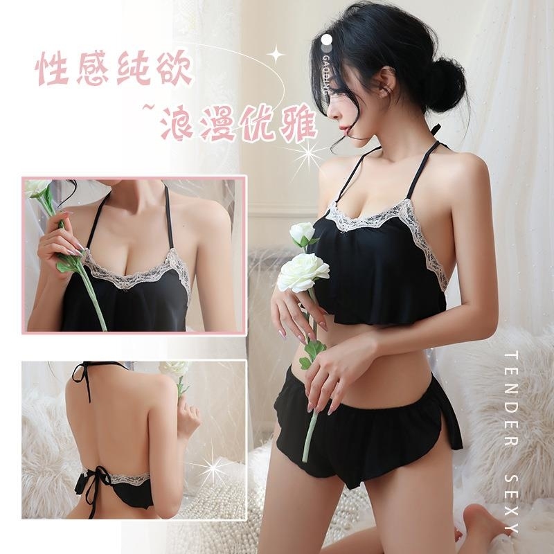 长夜漫漫情趣内衣女性感睡衣肚兜系带蕾丝诱惑家居套装大码1387 黑色 均码(80-140斤)