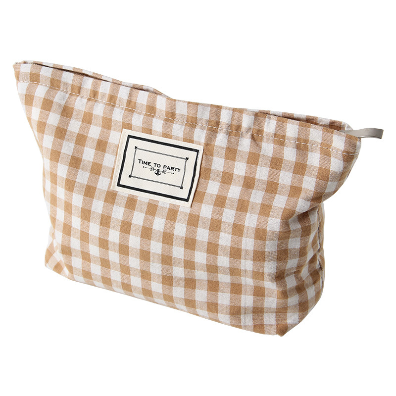 格子布包便携化妆包布艺文艺小清新手拿包百搭格纹女小收纳袋绿色小