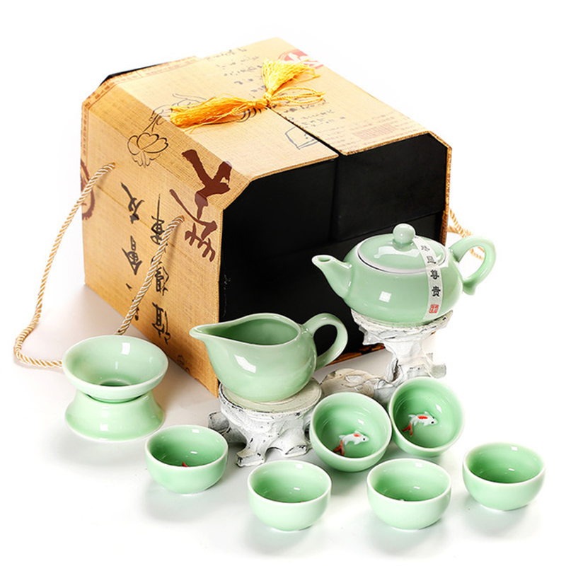 10头青瓷鱼杯茶具套装