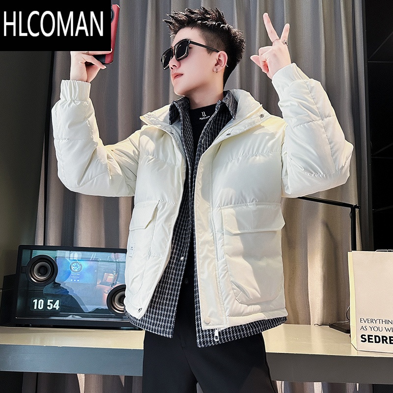 HLCOMAN假羽绒棉服男冬季潮牌痞帅工装棉衣男款2024新款男士冬装外套 2XL建议150-160斤 白色