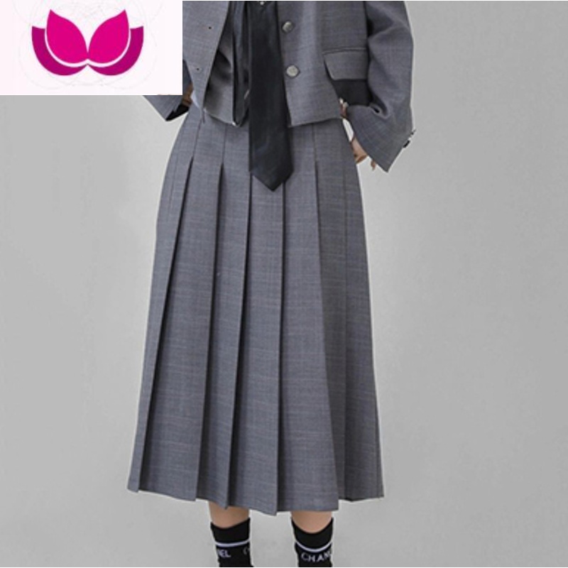 七斓春装jk制服美式复古校园裙学院风套装裙女衬衫半身裙西装套装 灰格半身裙中款赠送腰带现货 L