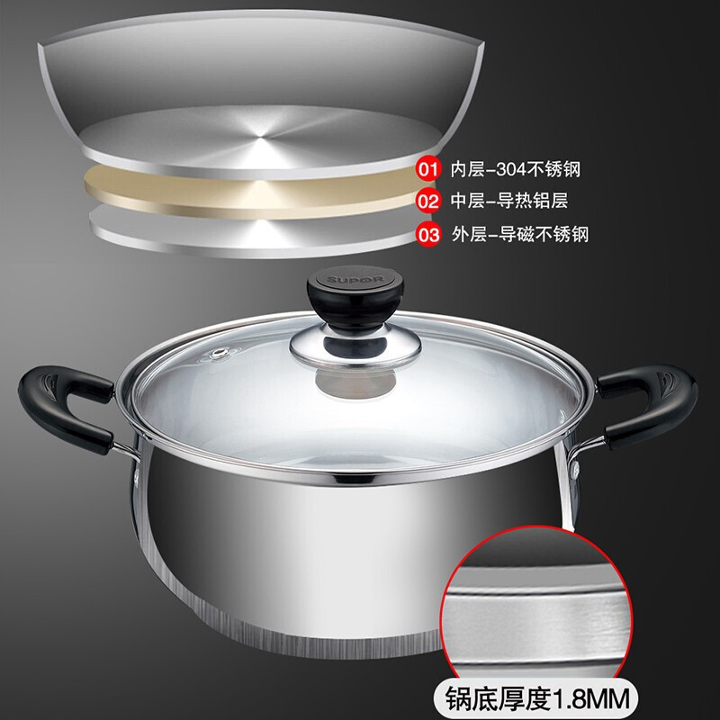 苏泊尔(SUPOR)汤锅加厚304不锈钢炖锅双耳防烫煮粥煮面锅燃气电磁炉通用ST20H3