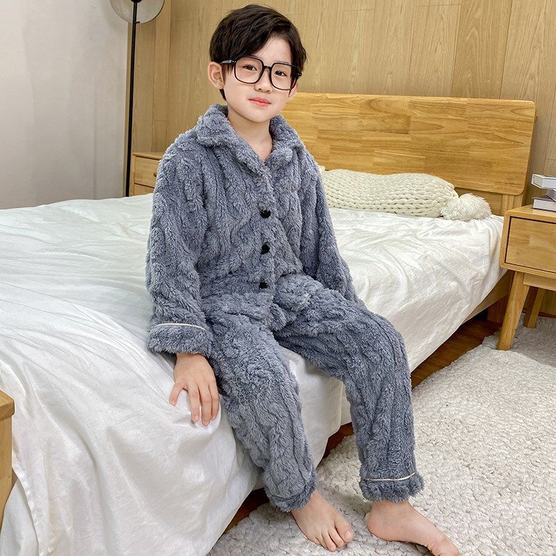 乌鹿儿童装男童睡衣秋冬款家居服加绒冬季珊瑚绒加厚中大童男孩法兰绒