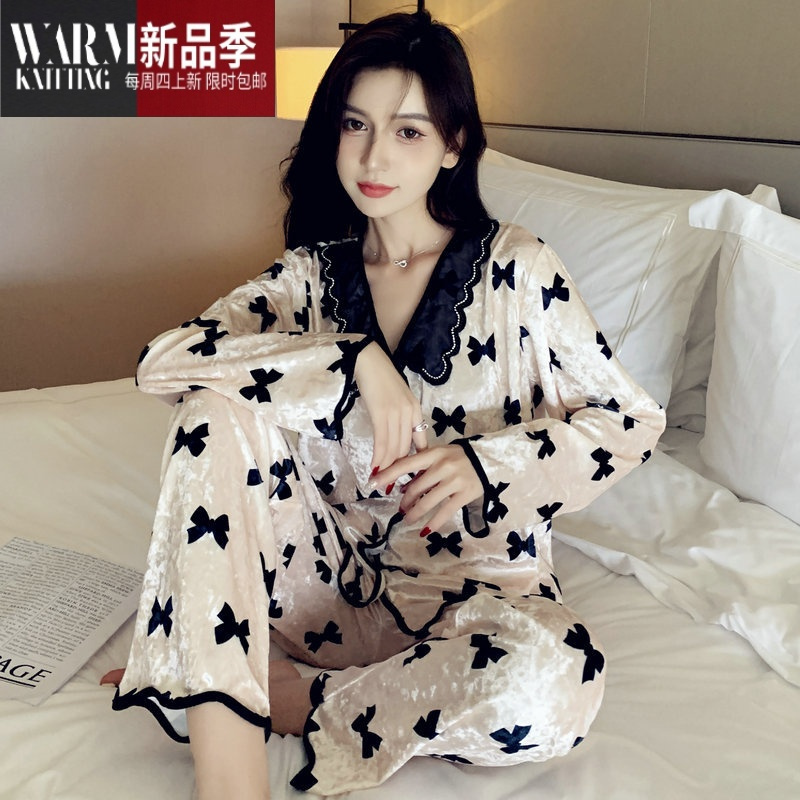 shanchao金丝绒睡衣女款2023年新款网红长袖大码家居服套装