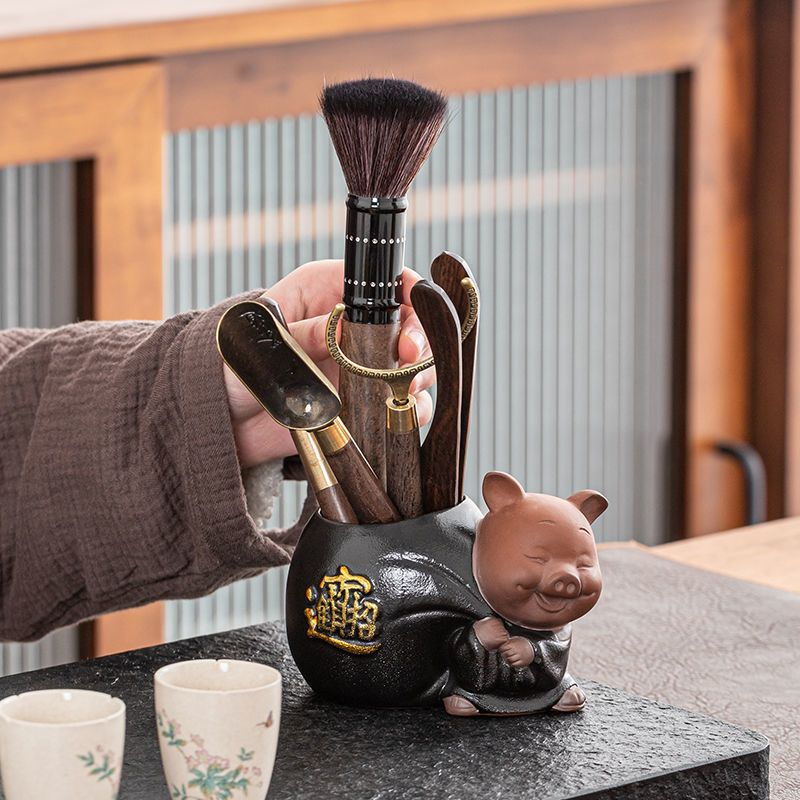 茶具配件功夫铜六君子套装紫砂茶宠茶玩摆件精品黑檀木茶道六君子 紫砂竹节+竹五件套