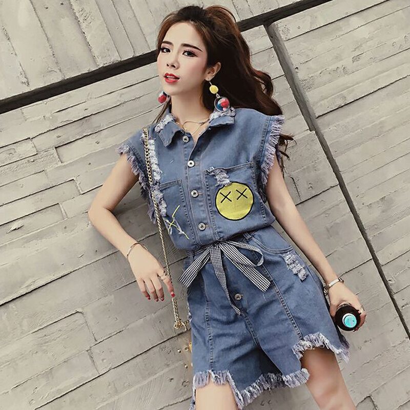 毛边破洞牛仔连体裤女夏高腰韩版连衣短裤学生气质不规则套装浅色