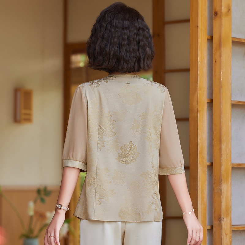 纤孜雅 中年妈妈夏装新中式国风t恤小衫套装新款洋气女装婆婆两件套高清大图