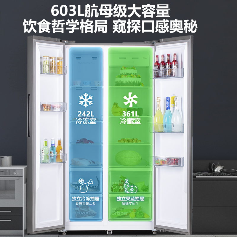 上菱 603升对开门冰箱 一级能效 风冷双变频 DEO净味养鲜 LED智能控温 大容量双开门家用电冰箱BSE603PWL