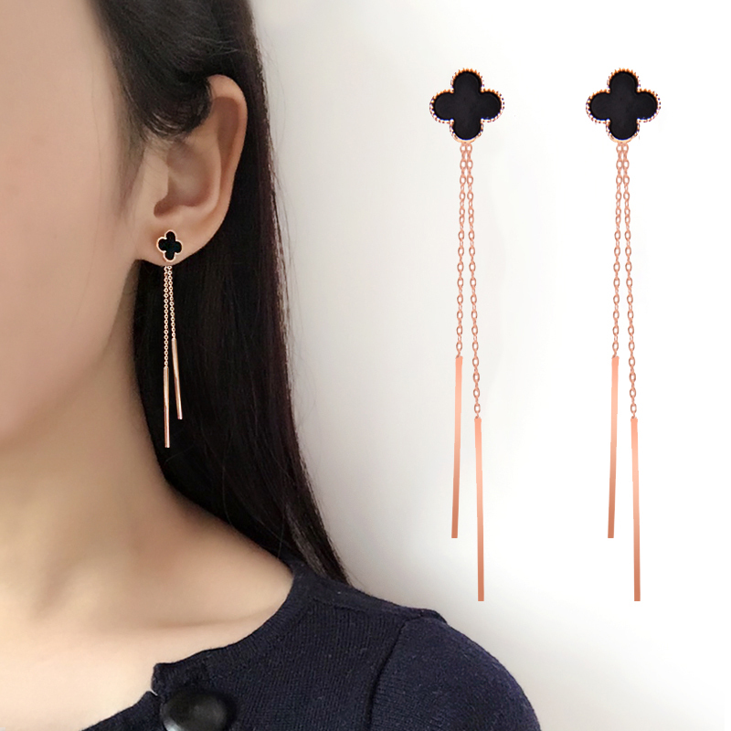 简约黑色四叶草耳钉耳环长款耳线流苏耳坠饰品韩版时尚首饰 金色报价_