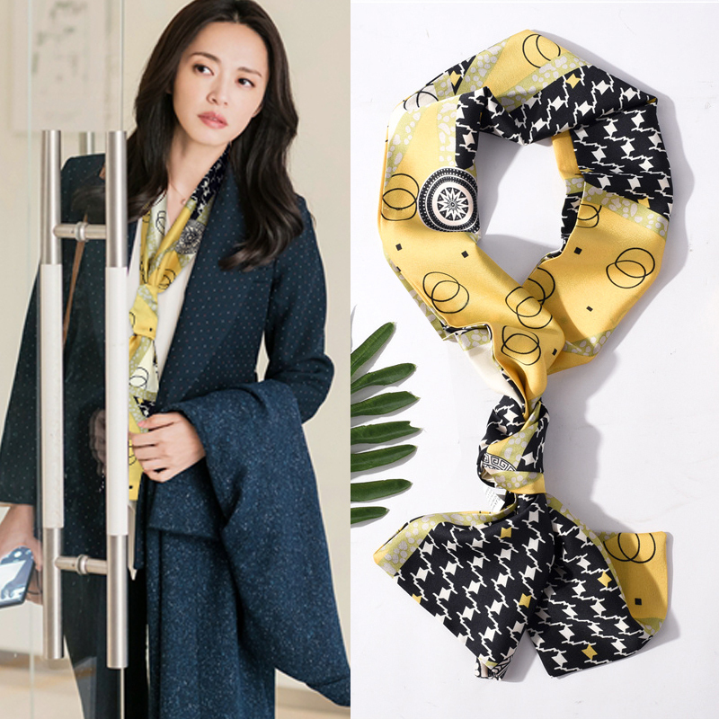 美帮汇细窄长条小丝巾秋冬百搭文艺装饰丝带小领巾围巾女绑包包飘带 轻奢香奈-黄色