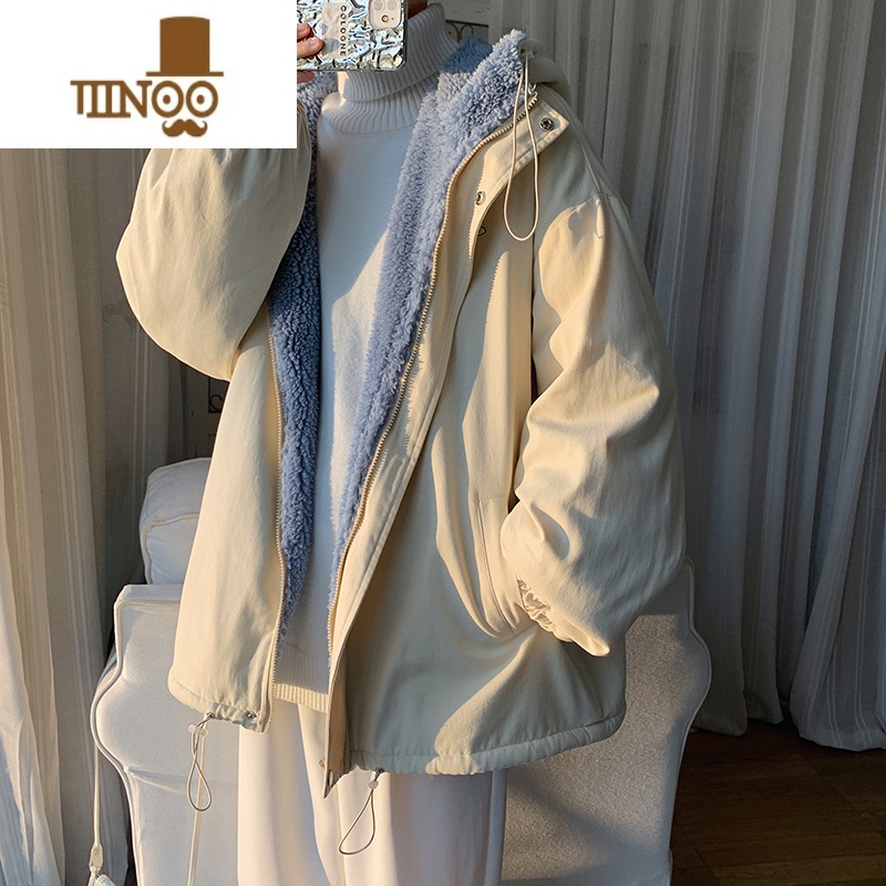 YANXU棉服男加绒加厚2022冬装新款休闲外套潮牌韩系青少年棉衣棉绒棉款 L 杏色