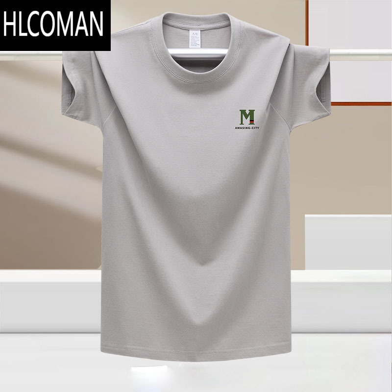 HLCOMAN男装2025夏季新款短袖T恤男士大码百搭长袖T恤上衣半袖打底衫 浅灰色 3XL