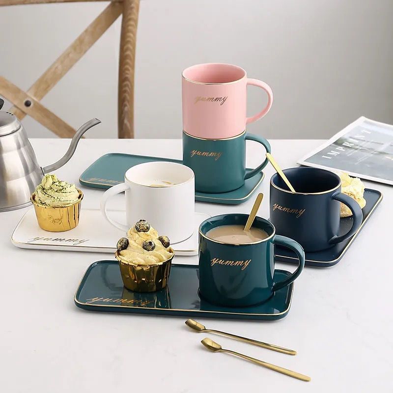 陶瓷咖啡杯碟套装早餐杯子情侣杯英式下午茶杯马克杯带勺哑光乳白[方