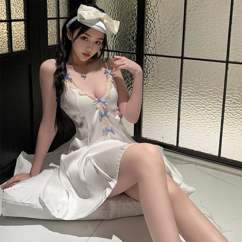 性感气质吊带蝴蝶睡裙纯欲显瘦蕾丝冰丝连衣裙睡衣女情趣内衣套装高清大图