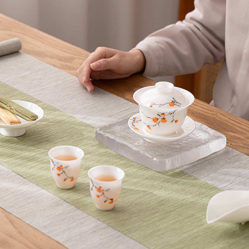苏氏陶瓷(SUSHI CERAMICS) J0254-1 手绘柿柿如意盖碗小套装(一盖碗两茶杯) 三件套 (单位:套)高清大图