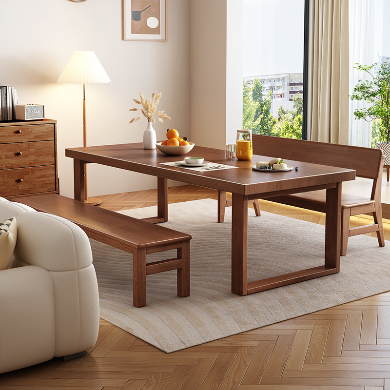 景山百岁实木餐桌长方形家用饭桌客厅餐书桌一体长条大板桌子多人写字桌子 桌子+弯背椅*6 2.0m