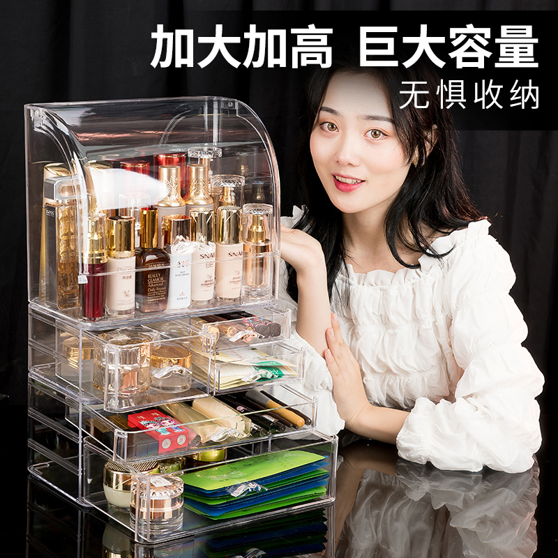 透明化妆品收纳盒防尘大容量家用桌面整理梳妆台口红护肤品置物架高清大图