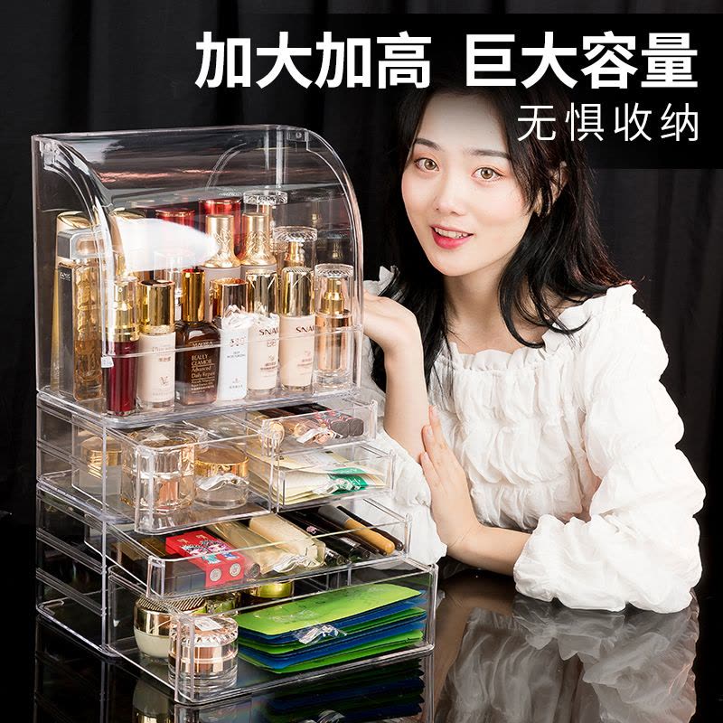 透明化妆品收纳盒防尘大容量家用桌面整理梳妆台口红护肤品置物架图片