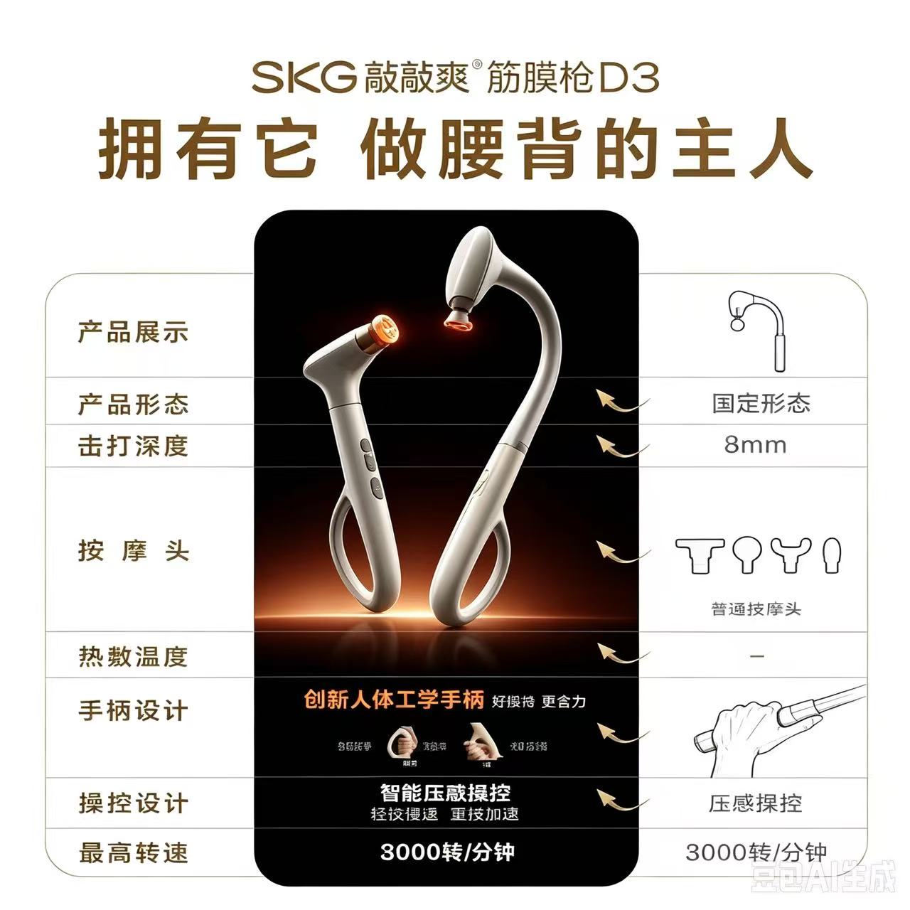 艾诗凯奇SKG D3全身按摩棒温热功能10W功率便携设计舒缓疲劳按摩锤高清大图