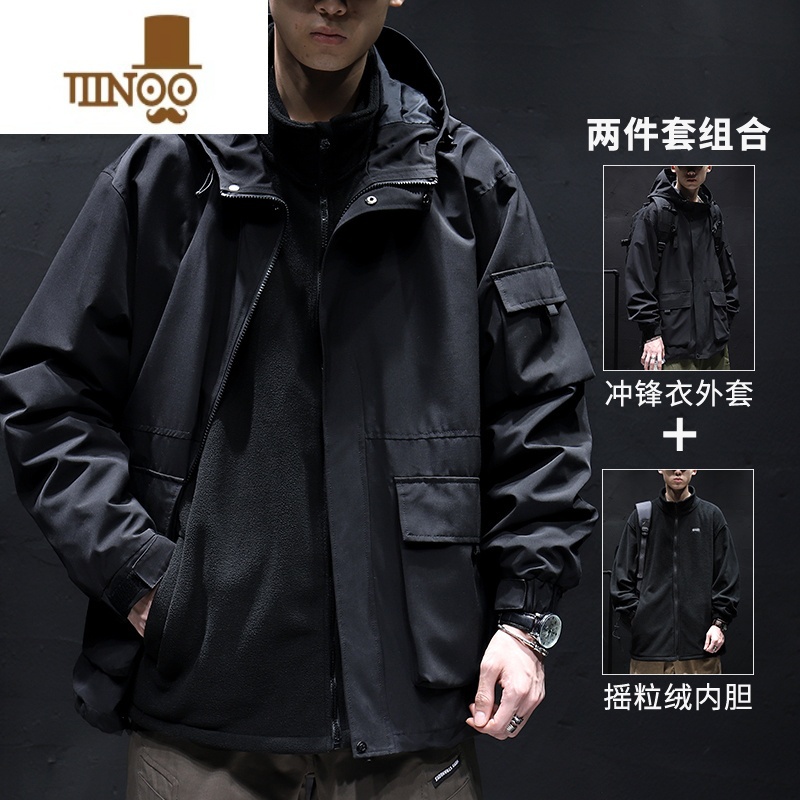 YANXU冲锋衣男防风外套男士风衣休闲户外连帽潮牌宽松纯色防水夹潮高清大图