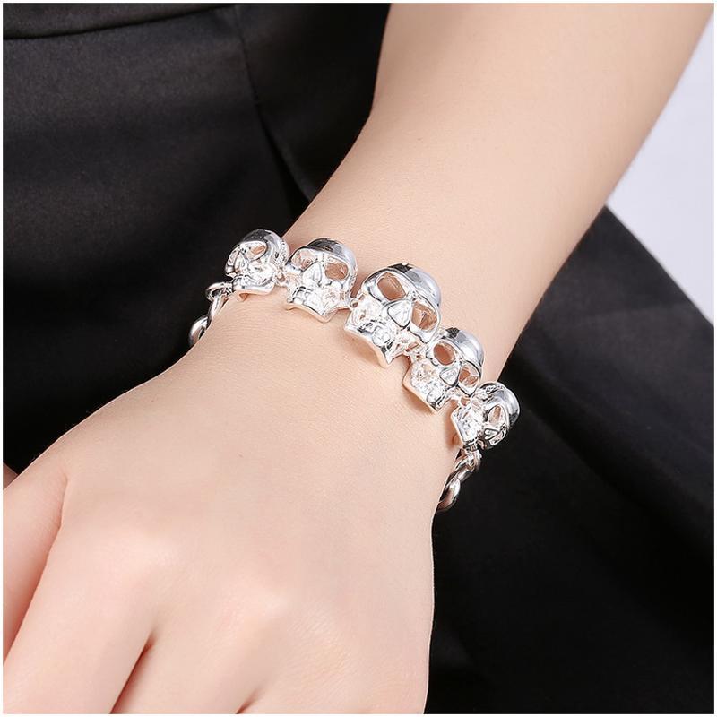 H486Women Silver Bracelet女生饰品另类骷髅头手链镀925纯银复古送女朋友七夕情人节礼物