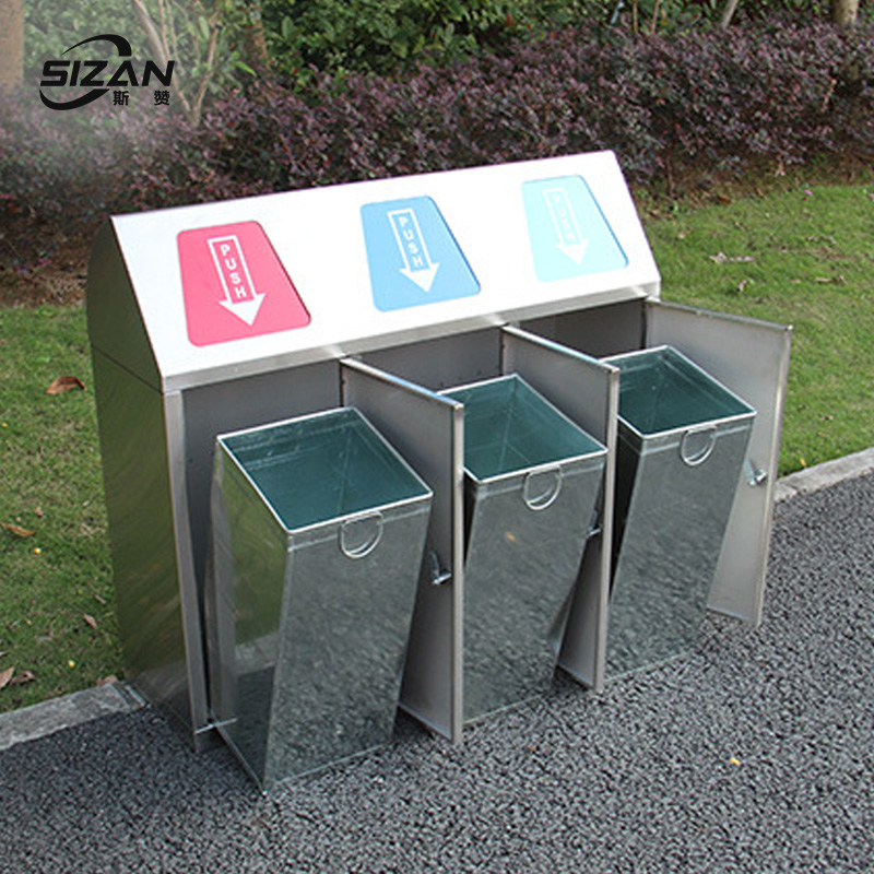 斯赞 联体密闭式不锈钢垃圾箱 三分类90*28*80cm 个高清大图