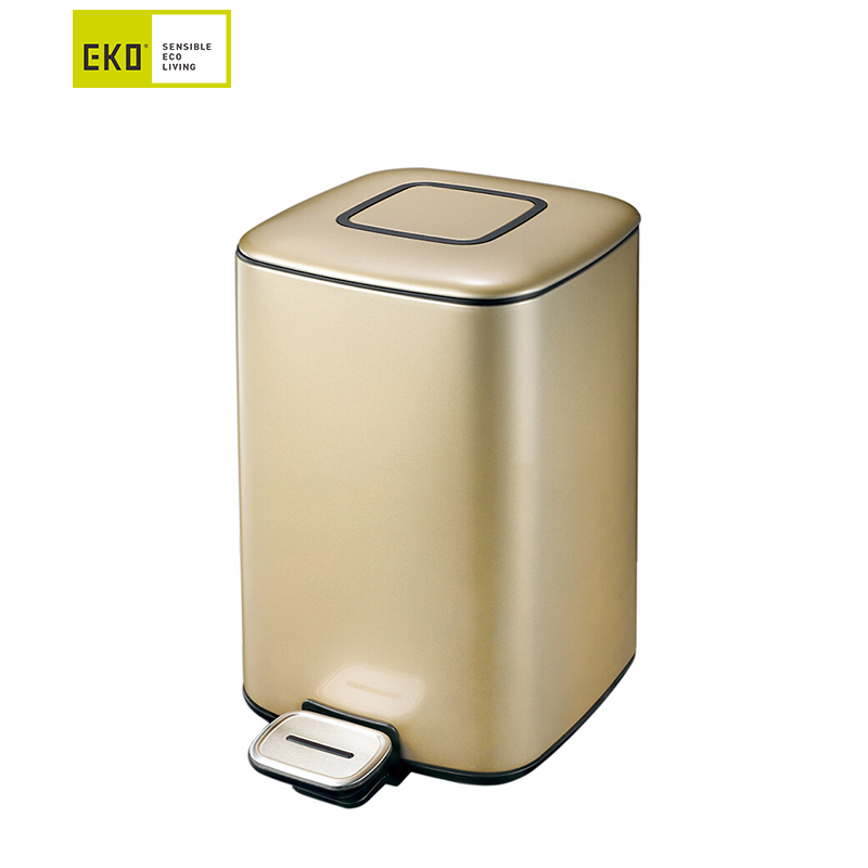 EKO(宜可)不锈钢脚踏垃圾桶 家用小号大号翻盖厨房卫生间厕所客厅欧式方形静音垃圾筒 9388 香槟金 12升