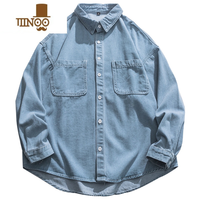 YANXU日系复古简约纯色做旧牛仔长袖衬衫男潮牌街头宽松bf衫系高清大图