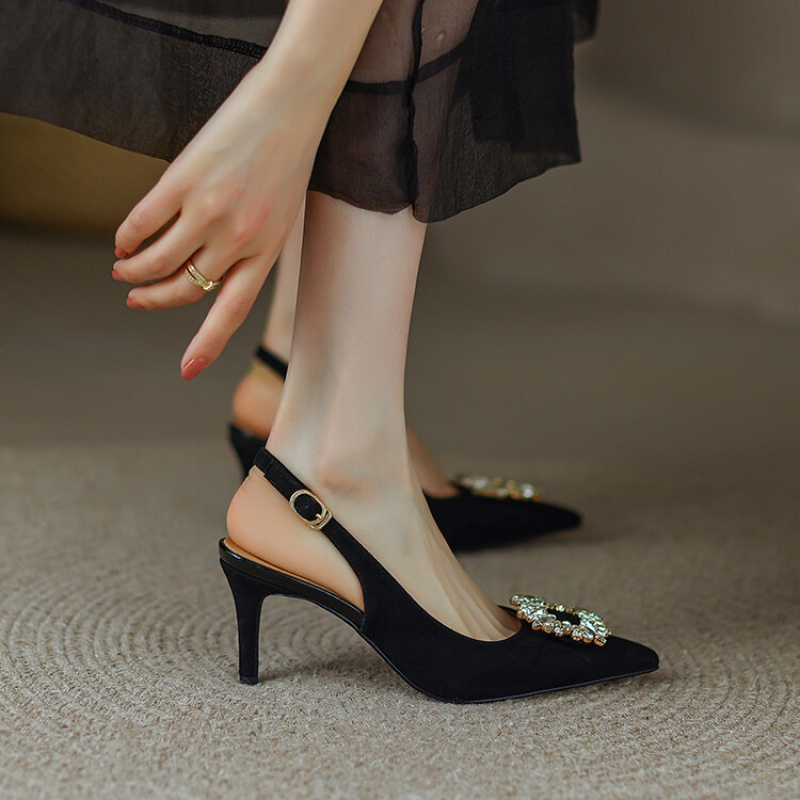 权小威 2023春夏季浅口单鞋女女士时尚百搭水钻尖头后空高跟鞋6.5cm