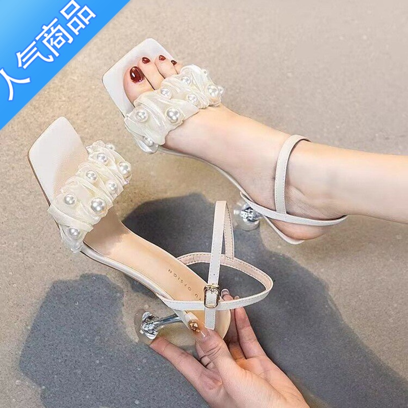SUNTEK凉鞋女珍珠一字带时装鞋2023夏季新款气质水晶跟配裙子露趾高跟鞋高清大图