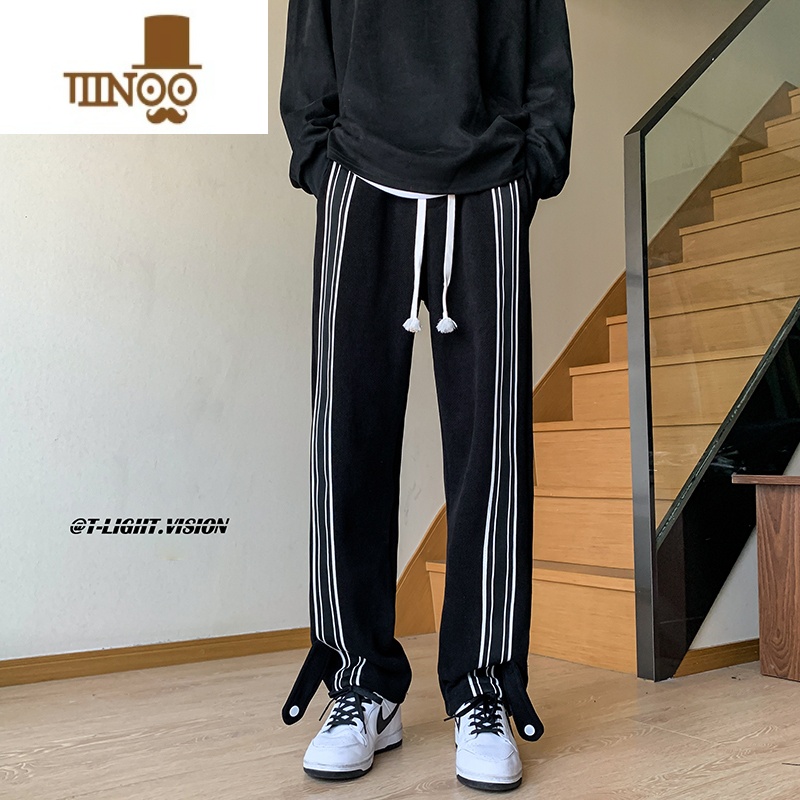 YANXU黑白条纹裤子男夏季美式高街垂感直筒运动裤潮牌宽松阔腿休闲长动高清大图