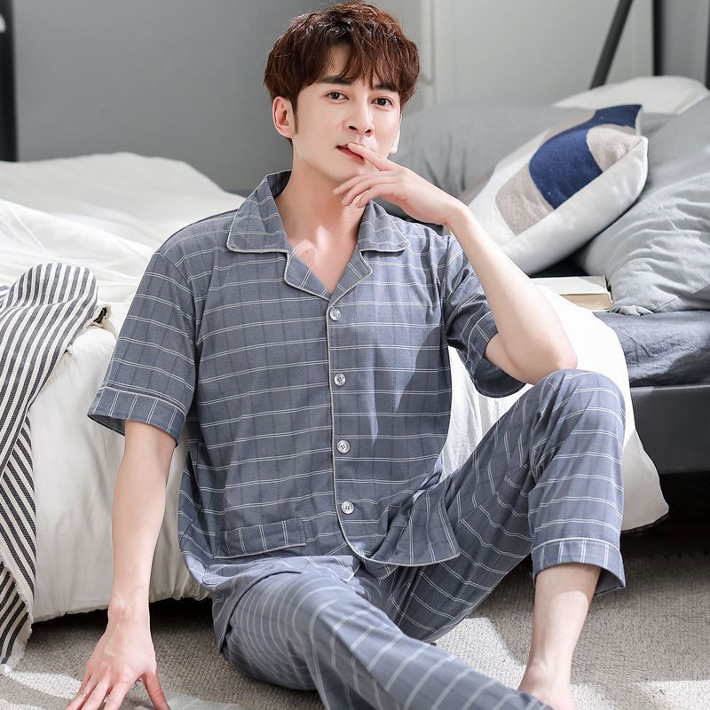 男士夏季睡衣短袖套装纯棉男式薄款夏天长裤男款中年春秋款家居服