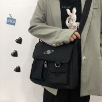 帆布包包女2021新款韩版原宿简约学生斜挎包休闲书包百搭单肩大包 双兜星球黑色[面料加厚升级有拉链] 无挂饰