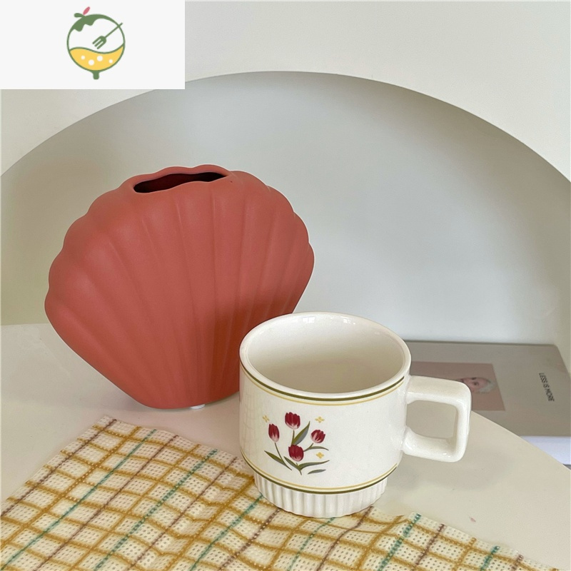 YICHENG手绘郁金香 ins复古法式浪漫花卉陶瓷杯马克杯牛奶咖啡杯早餐杯茶具