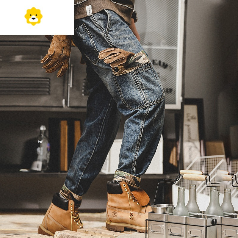 fishbasket美式工装裤子男春秋宽松直筒大码2023年新款复古春季牛仔裤