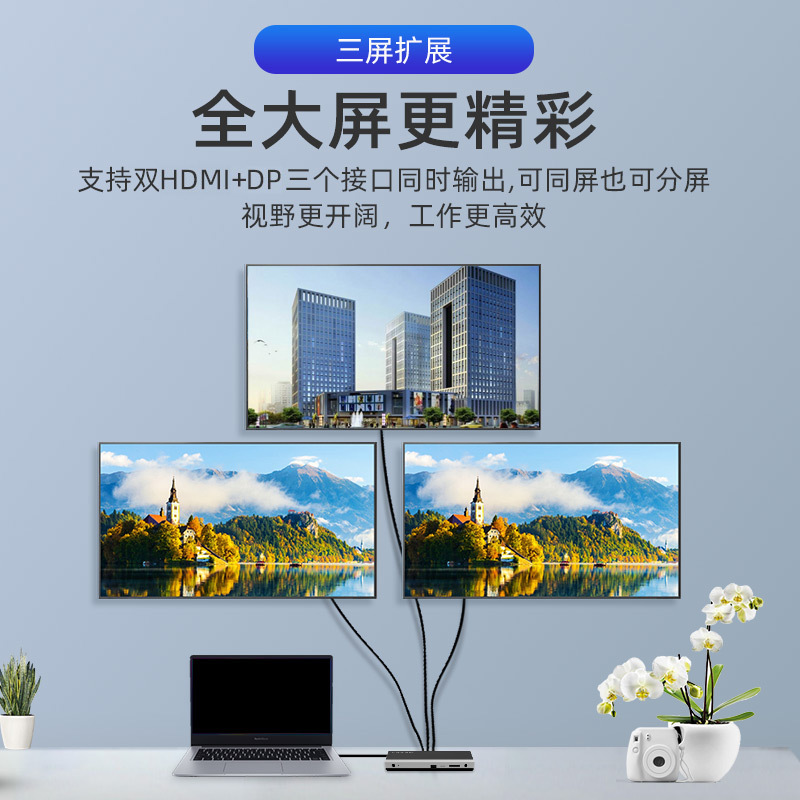 睿因(wavlink)WL-UMD05 typec扩展坞12合一接口多屏扩展坞双HDMI接口DP接口扩展三屏4K高清显示