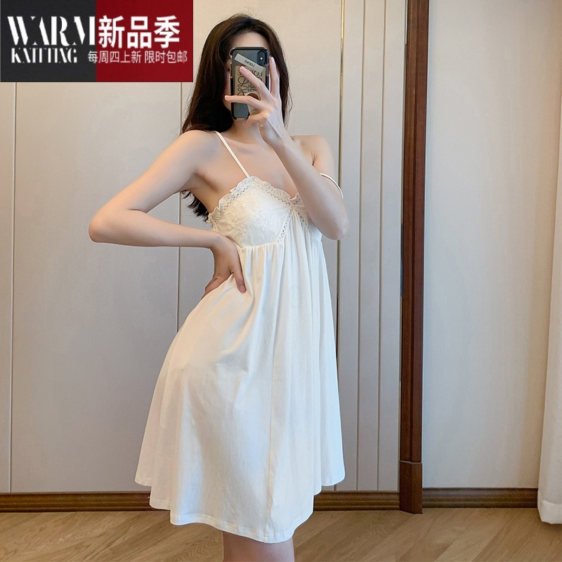 shanchao夏季新品 甜美宫廷风刺绣蕾丝针织棉小性感吊带花边睡裙公主
