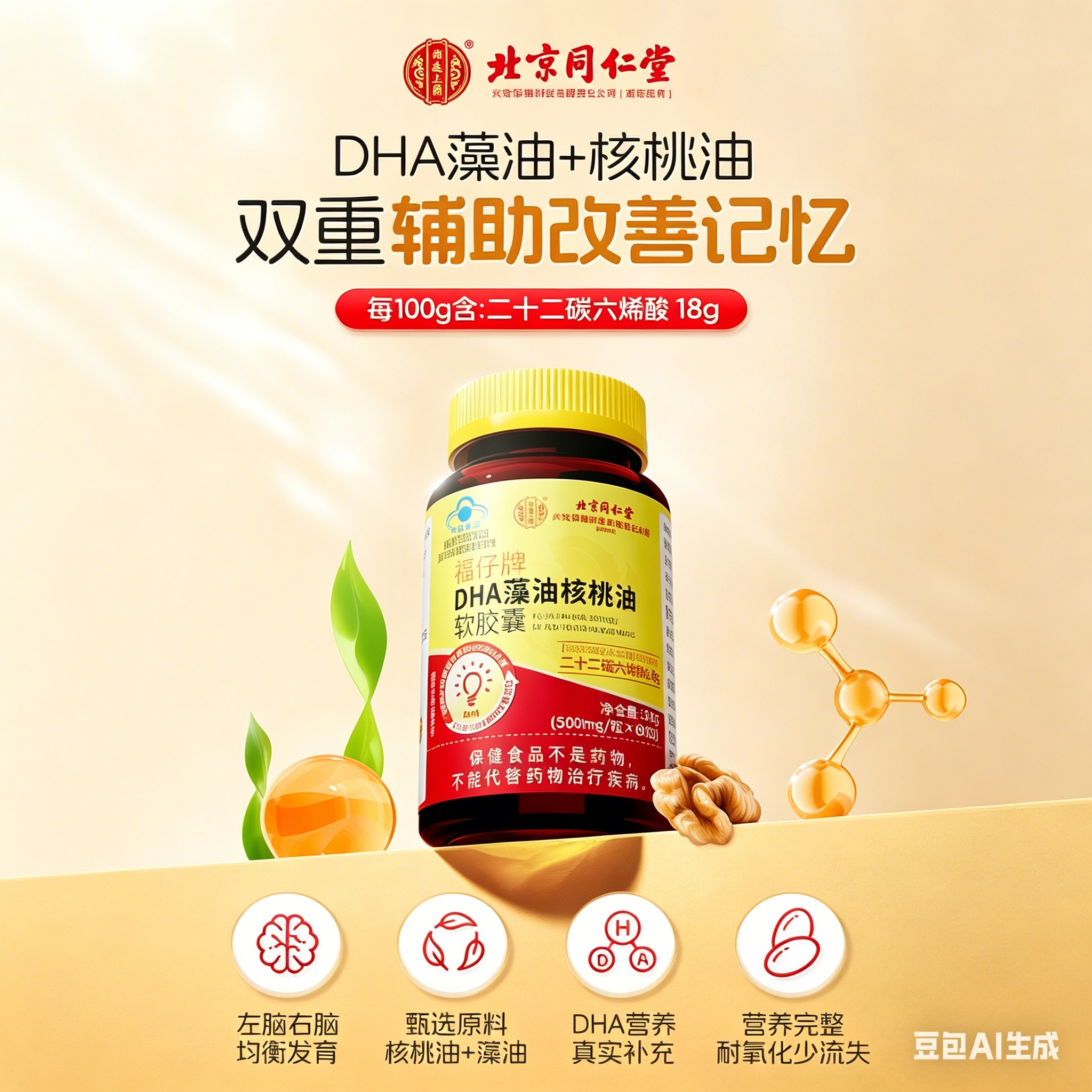 北京同仁堂 DHA藻油核桃油60粒/瓶儿童学生青少年辅助改善记忆力官方正品旗舰店高清大图